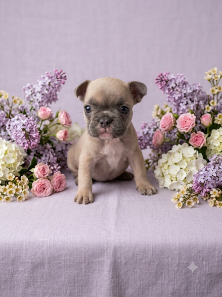 Coco, a blue fawn French Bulldog puppy sitting among lilacs and roses