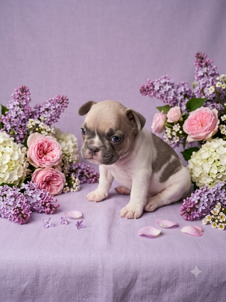 Otis, a blue pied French Bulldog puppy sitting among lilacs and roses