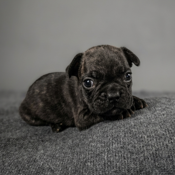 Vader, a dark brindle French Bulldog puppy lying on a grey blanket